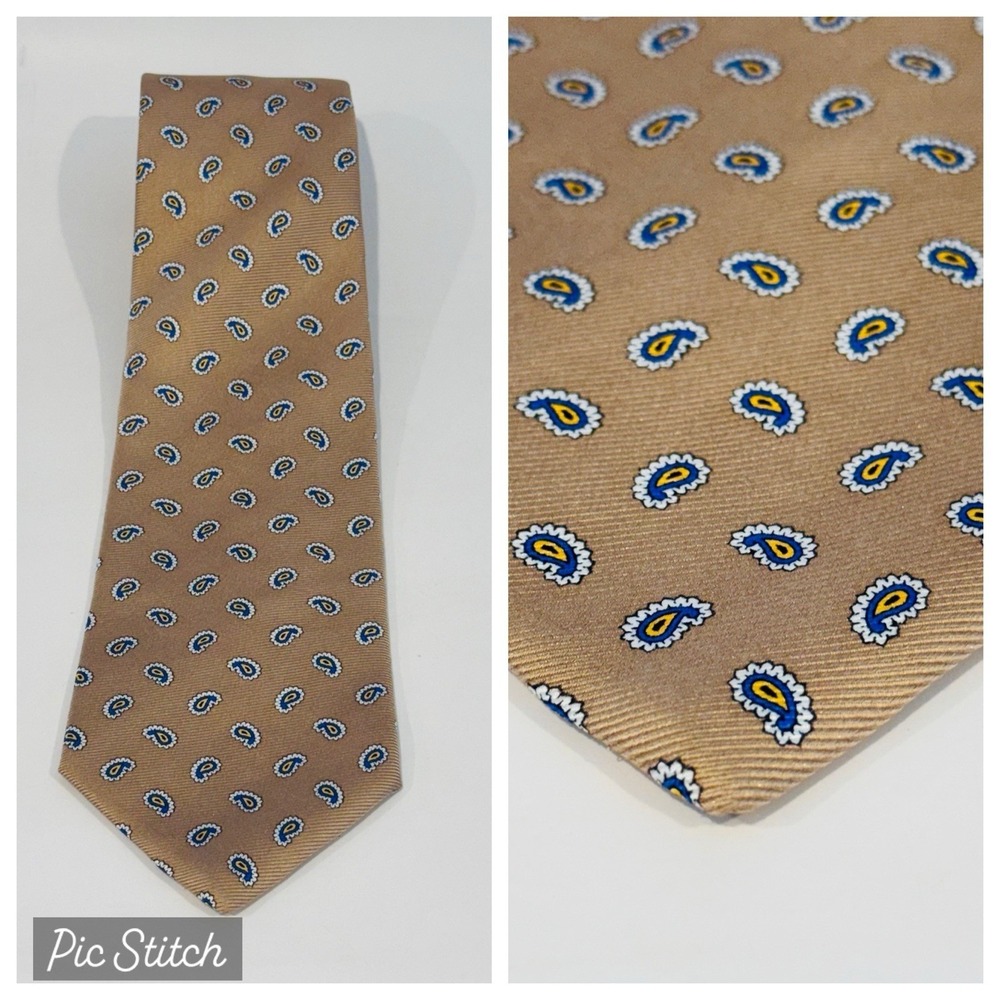 Brooks Brothers 346 Pure Silk Tie Made in‎ USA Gold w Blue White Micro Paisley